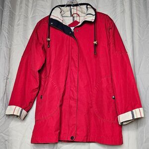 1 Madison Deep Red Haymarket Check Plaid Accents Versatile Mid Length Jacket